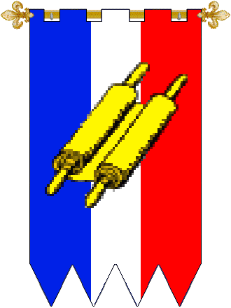 House Hospitaler
Per pale Azure and Gules, a pale Argent and over all a scroll closed Or. Hospitaler House heraldry