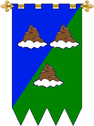 County Anwnn
Per bend sinister Azure and Vert, three mountains Proper with clouds about their bases Argent Anwnn County heraldry