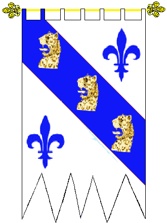 House Durnil
Argent, on a bend between two fleur-de-lis' Azure, three leopard's heads couped Or. Durnil House heraldry
