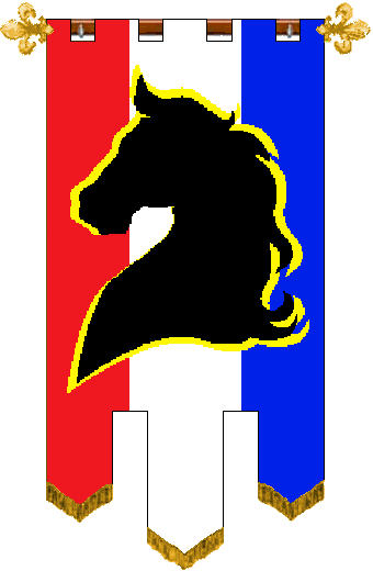 Barony Della Testa dei Cavalli TBD
Per pale Gules and Azure, a pale Argent surmounted by a horse's head couped in silhouette Sable fimbriated Or. Della Testa dei Cavalli TBD Barony heraldry