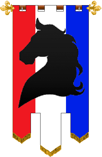 Barony of Della Testa dei Cavalli
Per pale Gules and Azure, a pale Argent surmounted by a horse's head couped Sable. Della Testa dei Cavalli