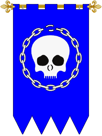House of Grimreach
Azure, a jawless human skull within in annulo an chain broken at the top Argent. Grimreach