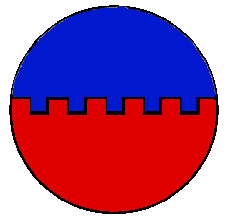 Kingdom Terre Neuve Royal Order of the Mirthful Boar
Per fess embattled, Azure and Gules. Terre Neuve Kingdom heraldry