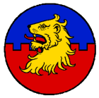 Kingdom Terre Neuve Royal Order of the Lion
Per fess embattled Azure and Gules, a lion's head erased Or langued Gules Terre Neuve Kingdom heraldry
