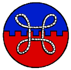 Kingdom Terre Neuve Royal Order of the Eternal Bowman
Per fess embattled Azure and Gules, a Bowen's knot Argent. Terre Neuve Kingdom heraldry