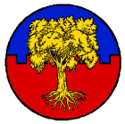 Kingdom Terre Neuve Royal Order of the Oak Tree
Per fess embattled Azure and Gules, an oak tree eradicated Or Terre Neuve Kingdom heraldry