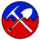 Kingdom Terre Neuve Royal Order of the Pick & Shovel
Per fess embattled Azure and Gules, in saltire a pick in bend and spade in bend sinister Argent. Terre Neuve Kingdom heraldry