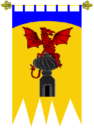 Barony Spire Heights
Or, a dragon displayed regardant Gules perched atop an onion domed tower issuant from base Sable, and a chief enarched Azure. Spire Heights Barony heraldry