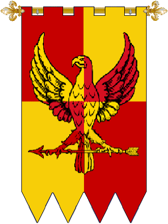 House Eagles Roost
Quarterly Gules and Or, an eagle displayed maintaining in its talons an arrow fesswise. Eagles Roost House heraldry
