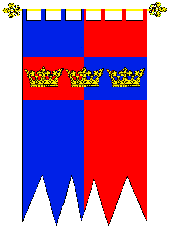 County Terre Amata
Per pale Azure and Gules, on a fess Countercharged three crowns Or. Terre Amata County heraldry