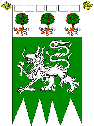 House Gla' Morn Adel
Vert, an alphyn passant and on a chief Argent three fructed oak trees eradicated proper Gla' Morn Adel House heraldry