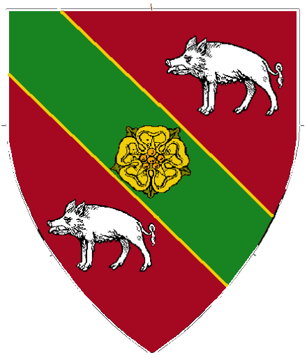 Dame Ceridwenrose arms: Gules, on a bend Vert fimbriated Or between two boars statant Argent, a rose Or