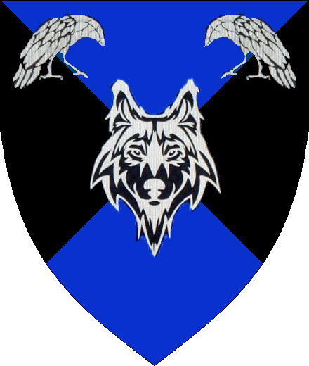  arms: Per saltire Azure and Sable, a wolf's head caboshed and in chief two ravens close respectant Argent.