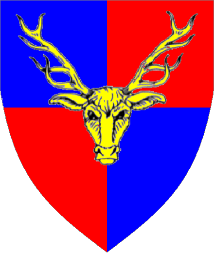 Sir Rowan Barca arms: Quarterly Azure and Gules, a stags head caboshed Or.