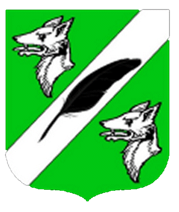 Dame Freya Nic Essus arms: Vert, between two wolf heads erased a bend sinister Argent surmounted by a feather bendwise-sinister Sable