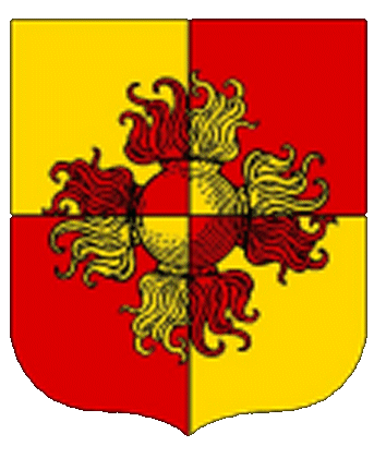 Dame Freya Nic Essus arms: Quarterly Or and Gules, a grenade enflamed and conjoined in cross counterchanged.