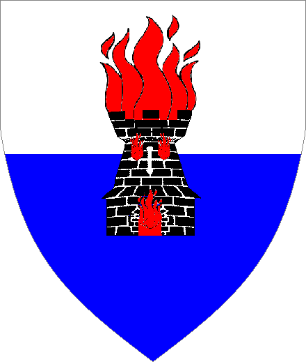 Sir Cledwyn ap Llanrwst arms: Per fess Argent and Azure, a tower Sable enflamed Gules.