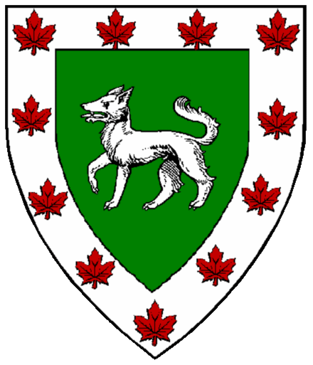 Vert, a wolf statant and on a bordure Argent a semy of maple leaves Gules