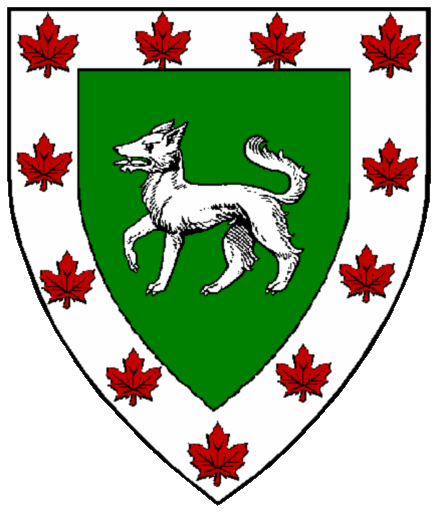 Babette Bryn Corey
Vert, a wolf statant and on a bordure Argent a semy of maple leaves Gules Babette Bryn Corey heraldry