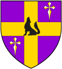 Dame Nadine Bryn Corey arms: Purpure, upon a cross throughout Or a wolf sejant ululant Sable and in bend sinister two crosses clechy gyronny of eight Or and Argent