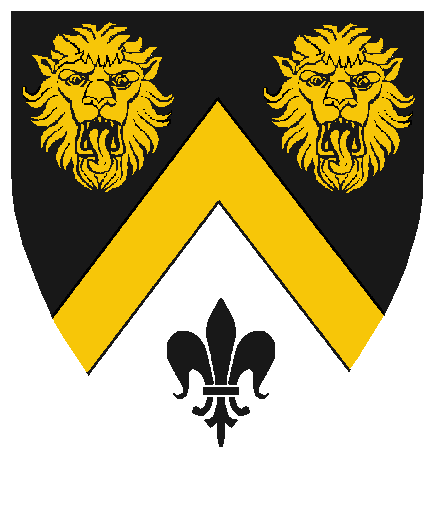 Per chevron Sable and Argent, a chevron between in chief two lions heads caboshed Or and in base a fleurâ”deâ”lys Sable