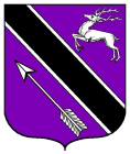 Dame Gemma Evangelista Borgia arms: Purpure, between a stag salient and an arrow bendwise inverted Argent a bend Sable fimbriated Argent