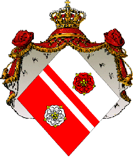 Per bend Argent and Gules, a bend per bend between two roses Counterchanged seeded Or within an ecclesiastic shroud Gules mantled Ermine crowned Or. If no image is displayed, please contact your local SoA.