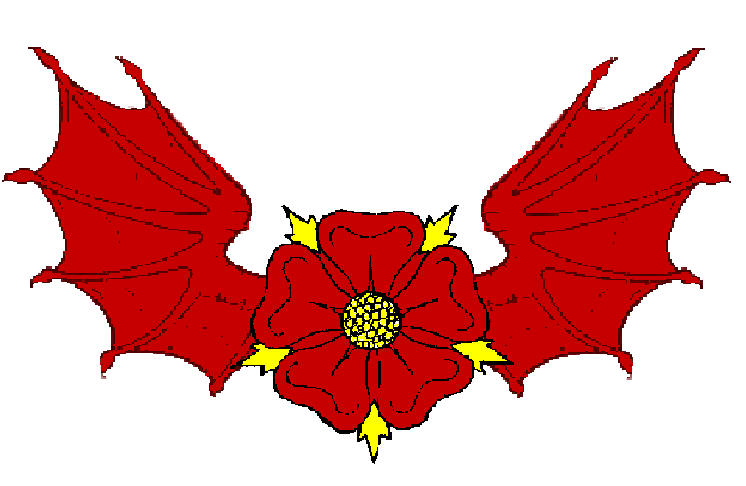 Dame Giulianna de Messina arms: [Fieldless] a pair of dragon wings conjoined in display surmounted by a rose Gules barbed and seeded Or.