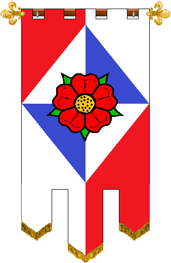 Dame Giulianna de Messina arms: Quarterly Gules and Argent, upon a lozenge of pretense quarterly Argent and Azure a rose Gules slipped and seeded Proper.