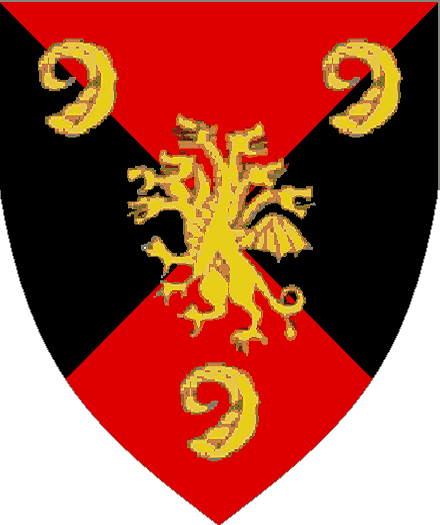  arms: Per saltire gules and sable, a seven headed hydra rampant between three ram's horns Or