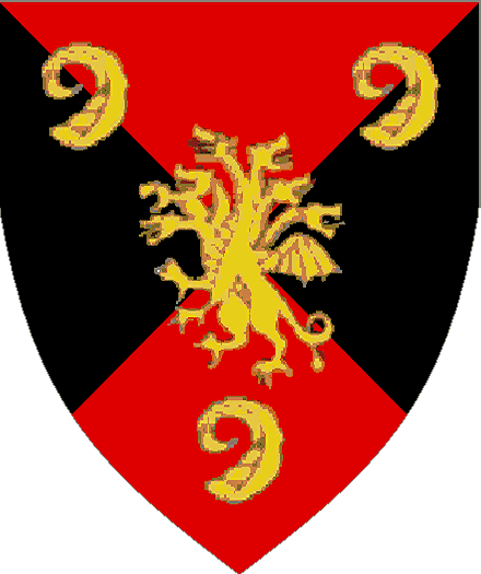 Sir Siegfried arms: Per saltire gules and sable, a seven headed hydra rampant between three ram's horns Or