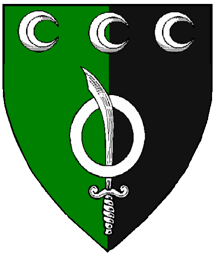 Tailan Bran McNeil
Per pale Vert and Sable, an annulet enfiled by a scimitar and in chief three decrescents Argent Tailan Bran McNeil heraldry