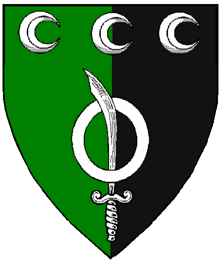 Sir Tailan Bran McNeil arms: Per pale Vert and Sable, an annulet enfiled by a scimitar and in chief three decrescents Argent