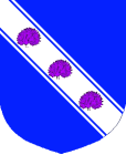 Azure, on a bend cotised Argent, three peacocks in their pride Purpure