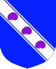 Fiona
Azure, on a bend cotised Argent, three peacocks in their pride Purpure Fiona heraldry