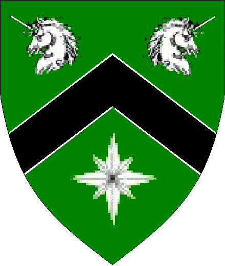 Kalysta Rainbow Starsilver
(Pending) Vert, a chevron Sable fimbriated between two unicorn heads erased and addorsed and a mullet of eight four greater and four lesser Argent Kalysta heraldry