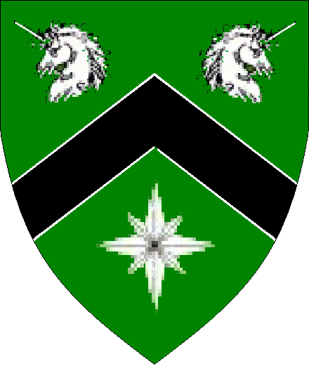 Kalysta arms: Vert, a chevron Sable fimbriated between two unicorn heads erased and addorsed and a mullet of eight four greater and four lesser Argent