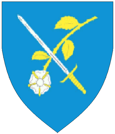 Sir Tairdelbach Clannach arms: Azure in saltire a sword proper and a rose inverted argent barbed, slipped and leaved Or.