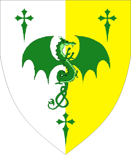 Squire Wilhelm von Ramnstein arms: Per pale Argent and Or, a Dragon von Ramnstein between three Latin crosses clechy Vert.