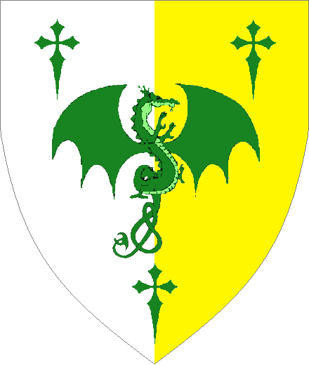 Wolfgang Timoteo von Ramnstein
Per pale Argent and Or, a Dragon von Ramnstein between three Latin crosses clechy Vert. Wolfgang von Ramnstein heraldry