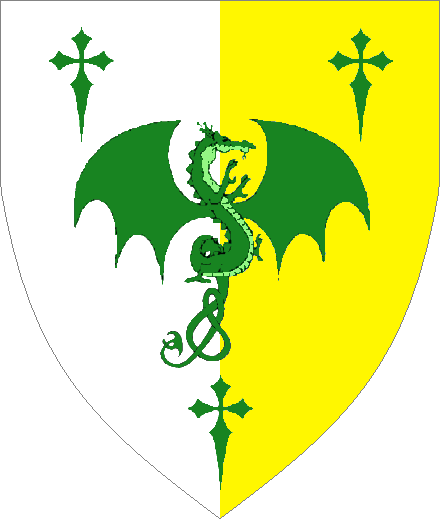 Per pale Argent and Or, a Dragon von Ramnstein between three Latin crosses clechy all Vert.