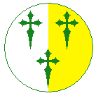 Sir Wilhelm von Ramnstein arms: Per pale Argent and Or, three Latin crosses clechy in pile Vert.