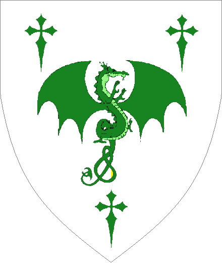 Sir Wilhelm von Ramnstein arms: Argent, a 'Dragon von Ramnstein' between three Latin crosses clechy Vert.