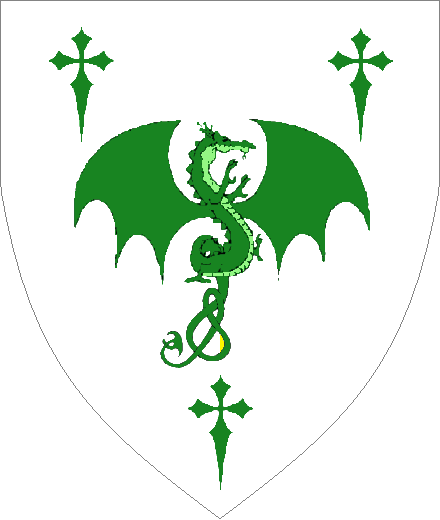 Squire Wilhelm von Ramnstein arms: Argent, a 'Dragon von Ramnstein' between three Latin crosses clechy Vert.