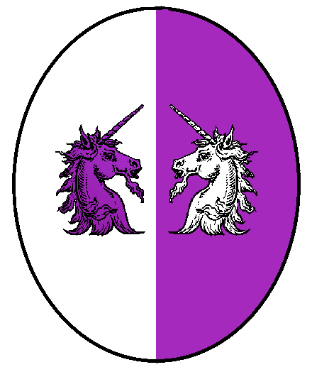 Beatrice von Ramnstein
Per pale Argent and Purpure, two unicorn heads erased respectant counterchanged Beatrice von Ramnstein heraldry