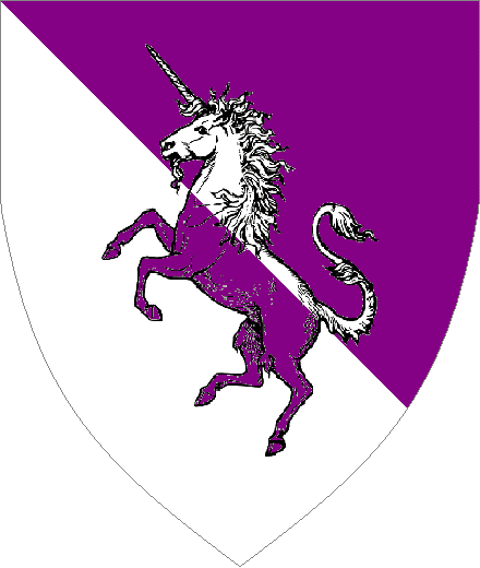 Beatrice von Ramnstein arms: Per bend Purpure and Argent, a unicorn Counterchanged.