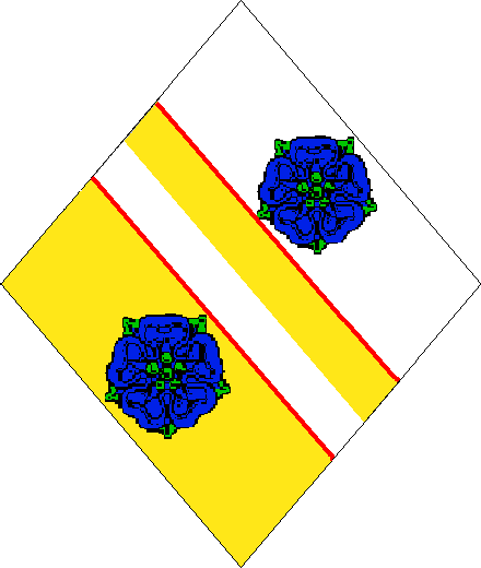 Lily von Ramnstein arms: Per bend Argent and Or a bend per bend Counterchanged fimbriated Gules between two roses Azure barbed and seeded Vert.