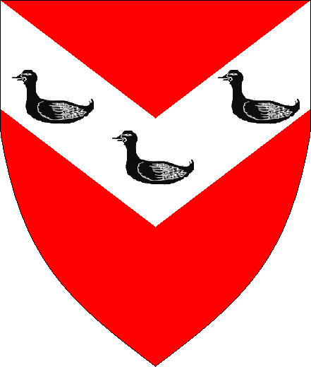 Sir Duck A L'Orange arms: Gules, on a chevron inverted Argent, three ducks naiant Sable.