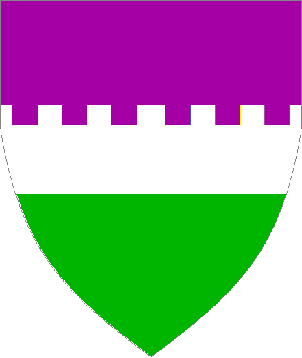 Dame Julia de Figueiredo arms: Per fess Purpure and Vert, a fess embattled Argent.