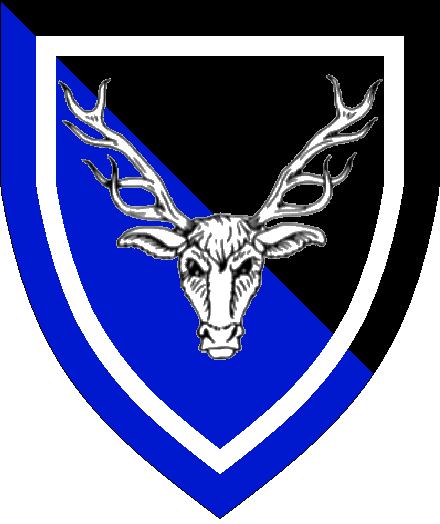 Sir Titus Draconis arms: Per bend sable and azure, a stags head cabossed within a orle argent